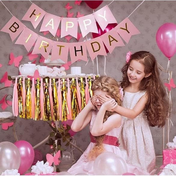 Banner Happy Birthday Pentru Aniversare, Decoratiune Petrecere Cu Stegulete Si Rola De Ata, Material Rezistent, 100x200 cm, Roz