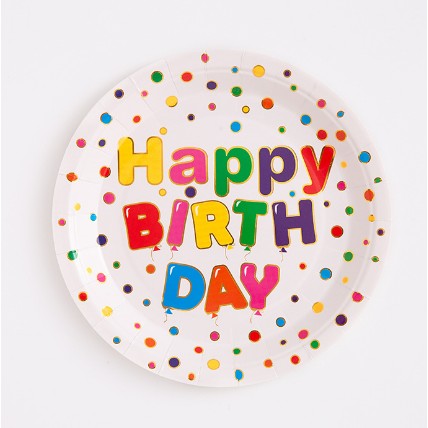 Set Farfurii Unică Folosință Happy Birthday, Farfurii Carton Petrecere Aniversară, Rezistente cu Strat Protector, Multicolor, Diametru 18 cm, 10 Bucăți