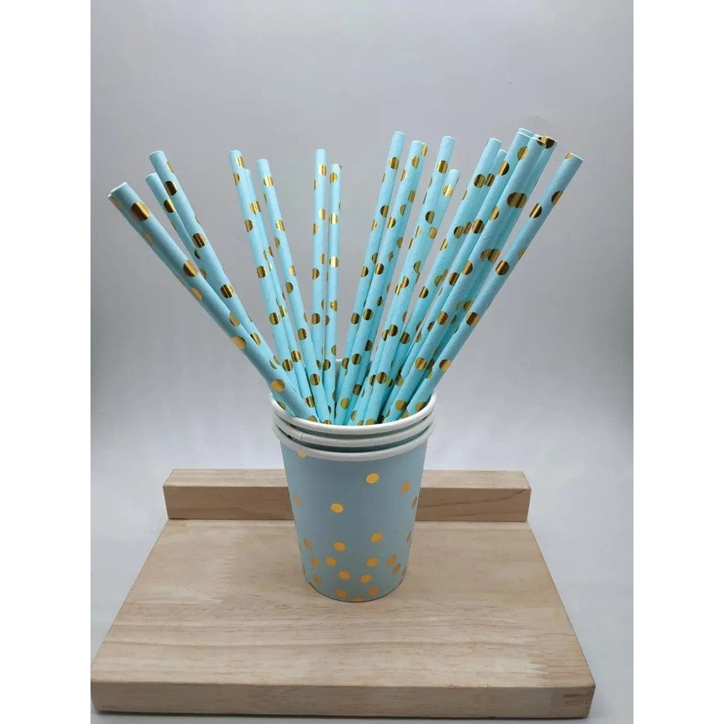 Set Paie din Hartie Biodegradabila pentru Petreceri, Model cu Buline Aurii, Rezistente, 19.5 cm, Albastru, 10 Bucati