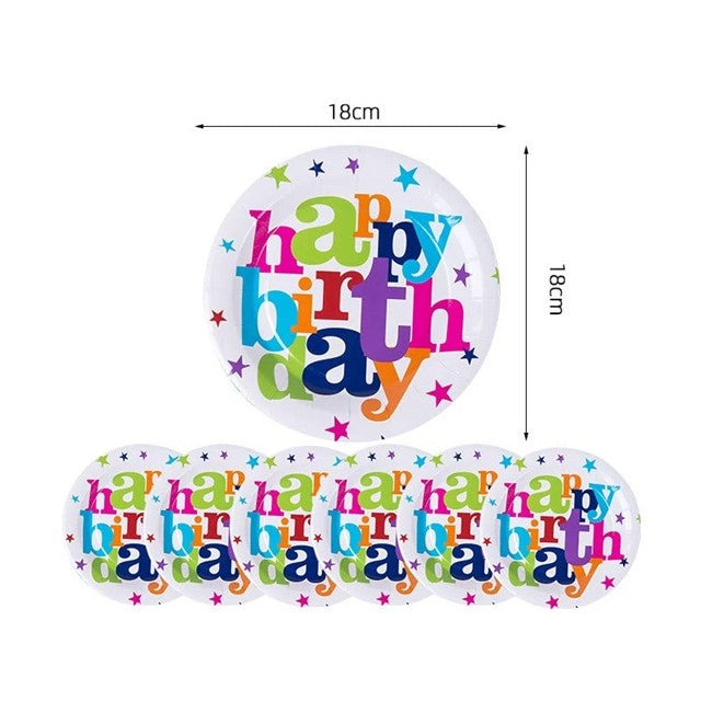 Set 6 Farfurii Unică Folosință, Imprimeu Happy Birthday, Carton cu Strat Protector, Diametru 18 cm, Multicolor