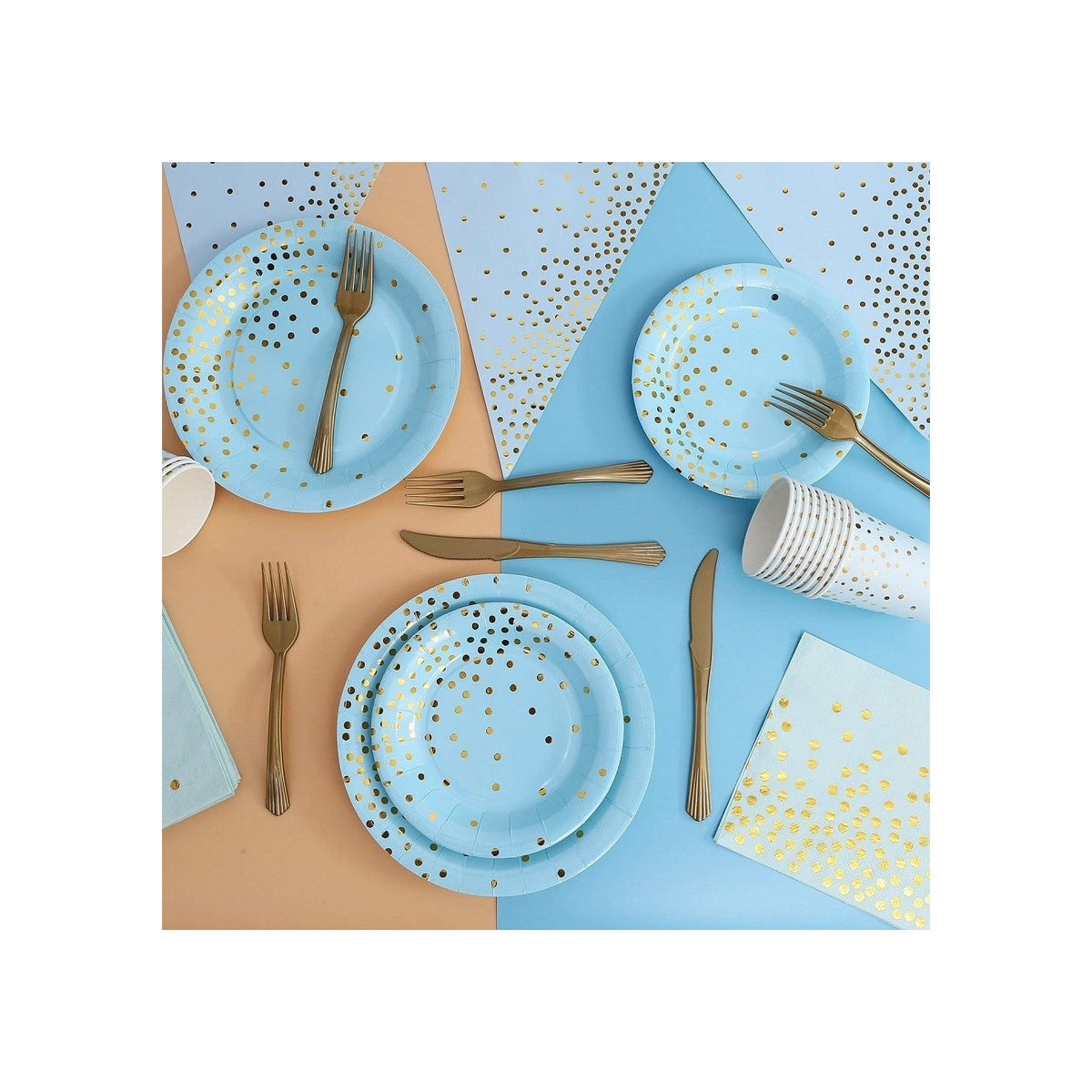 Set 20 Șervețele de Masă pentru Petrecere, Design cu Buline Aurii, Hârtie Absorbantă, 17 x 17 cm, Albastru