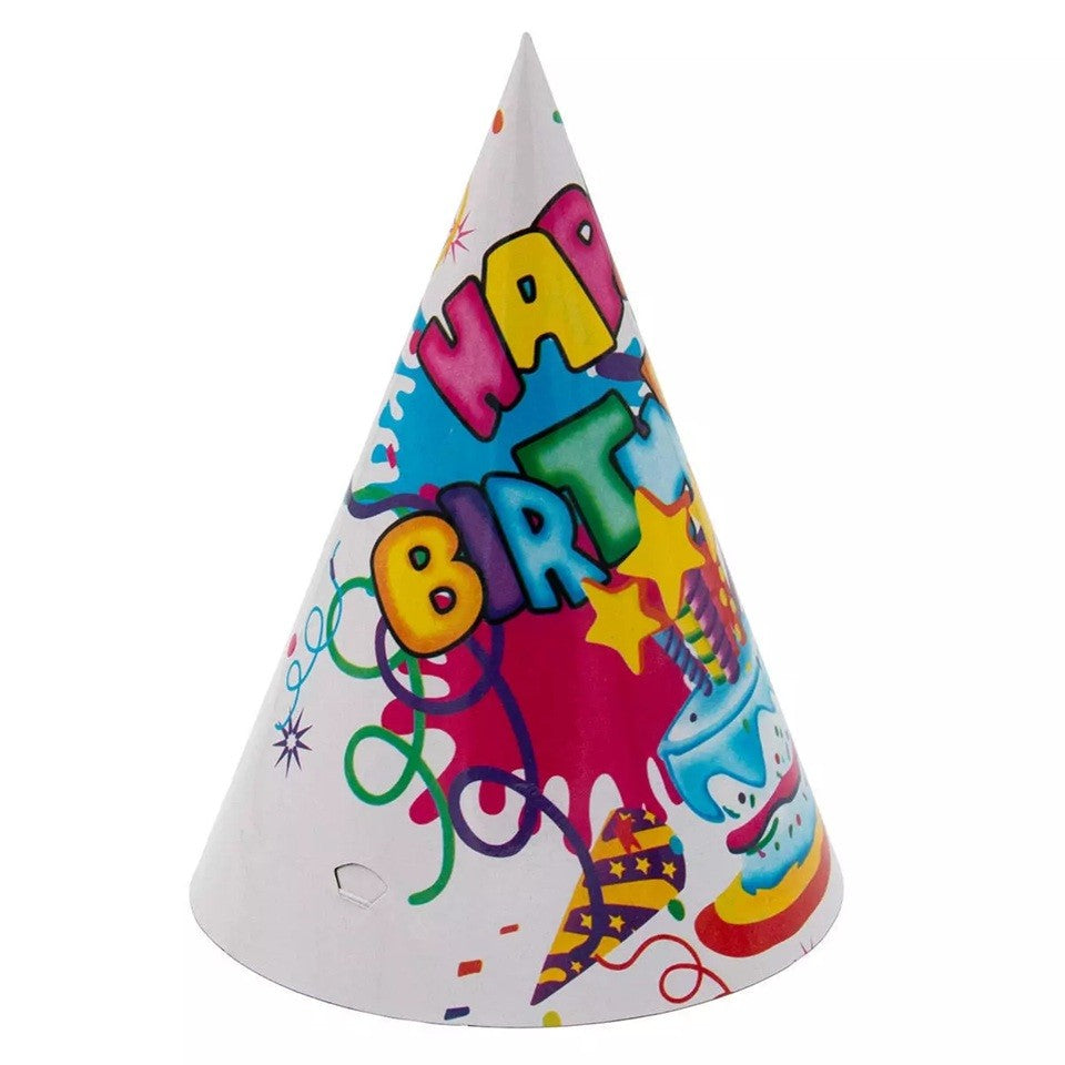 Set 6 Coifuri Petrecere Copii, Pălării Aniversare Happy Birthday, Carton Ușor, Multicolor, 20 x 13.5 cm