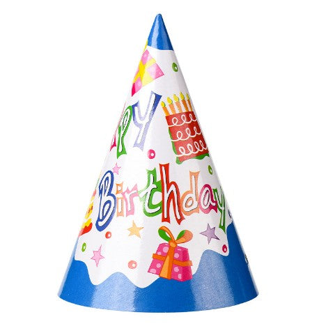 Set 6 Coifuri Petrecere Copii, Model Happy Birthday, Pălării Aniversare din Carton, 20 x 13.5 cm, Multicolor