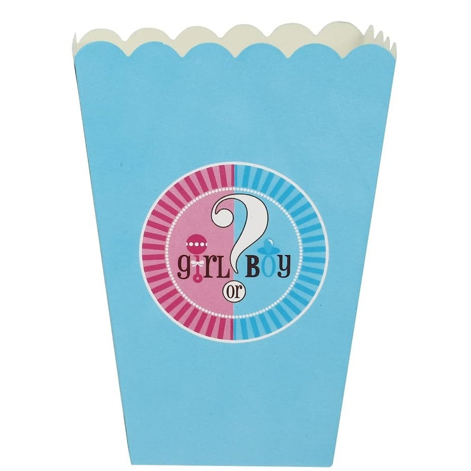 Set 6 Cutii Popcorn Gender Reveal, Recipiente Servire Gustări Girl or Boy, Carton Alb, 13 x 9 cm, Roz și Albastru, 6 Bucăți