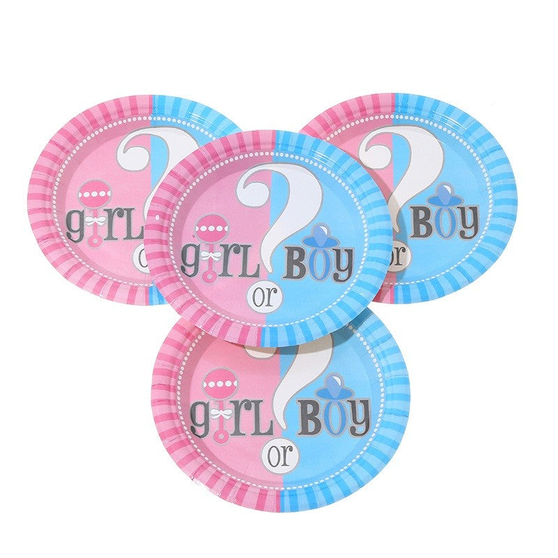 Set 10 Farfurii Gender Reveal, Model Girl or Boy, Farfurii Tematice pentru Petrecere Dezvăluire Sex Bebelus, Carton Biodegradabil, 18 cm, Roz/Albastru