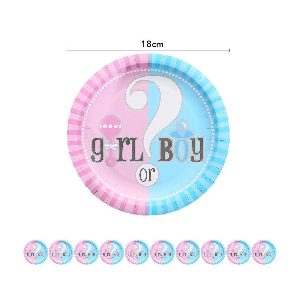 Set 10 Farfurii Gender Reveal, Model Girl or Boy, Farfurii Tematice pentru Petrecere Dezvăluire Sex Bebelus, Carton Biodegradabil, 18 cm, Roz/Albastru