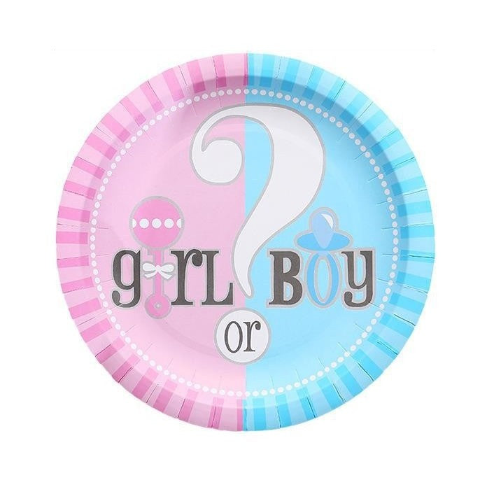 Set 10 Farfurii Gender Reveal, Model Girl or Boy, Farfurii Tematice pentru Petrecere Dezvăluire Sex Bebelus, Carton Biodegradabil, 18 cm, Roz/Albastru