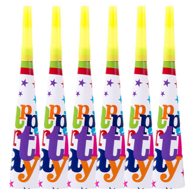 Set 6 Trompete Happy Birthday, Accesorii Festive pentru Petrecere Aniversara, Material Non-Toxic, 18.3x5 cm, Multicolor