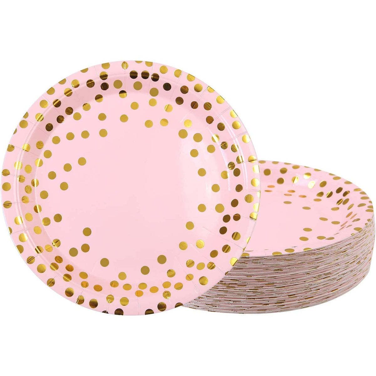 Set 10 Farfurii de Unică Folosință pentru Petrecere, Design cu Buline Elegante, Carton cu Strat Protector, Diametru 18 cm, Roz/Auriu