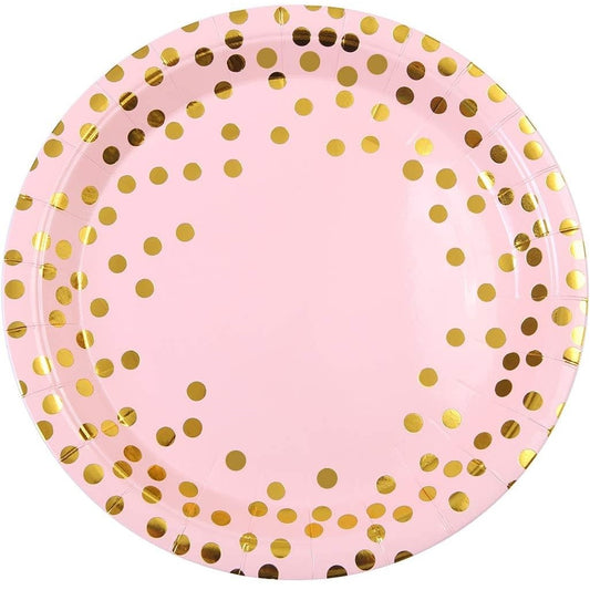 Set 10 Farfurii de Unică Folosință pentru Petrecere, Design cu Buline Elegante, Carton cu Strat Protector, Diametru 18 cm, Roz/Auriu