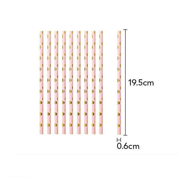 Set 10 Paie din Hartie Biodegradabila, Model cu Buline Aurii pentru Party si Evenimente, 19.5 cm, Roz/Auriu