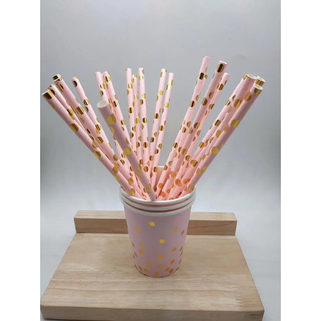 Set 10 Paie din Hartie Biodegradabila, Model cu Buline Aurii pentru Party si Evenimente, 19.5 cm, Roz/Auriu