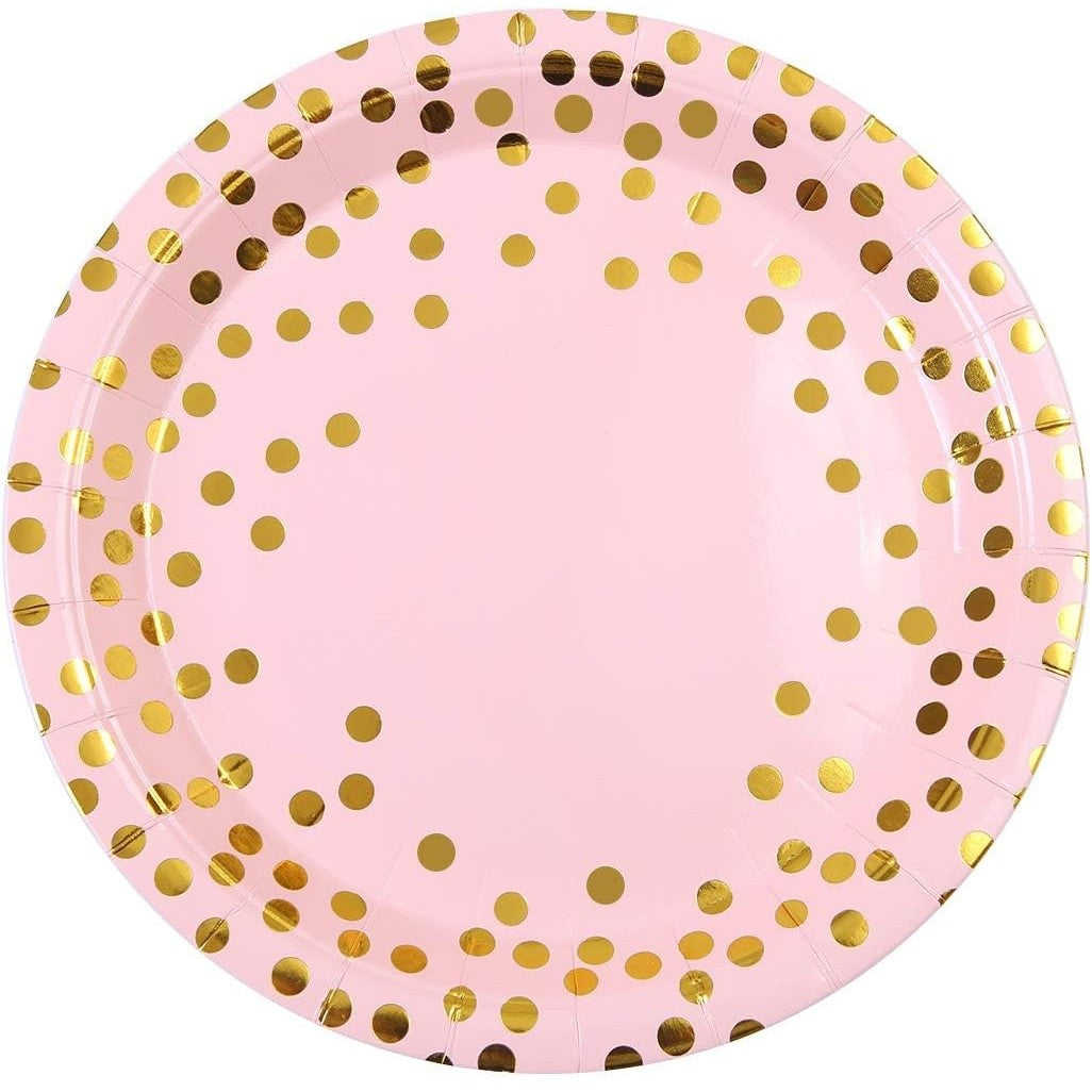 Set 10 Farfurii de Unica Folosinta pentru Petreceri, Imprimeu Elegant cu Buline, Carton Rezistent, Diametru 23 cm, Roz/Auriu