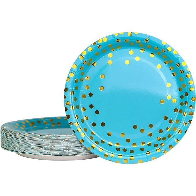 Set 10 Farfurii de Unica Folosinta pentru Petreceri, Imprimeu Elegant cu Buline, Carton si Plastic, 18 cm, Albastru/Auriu