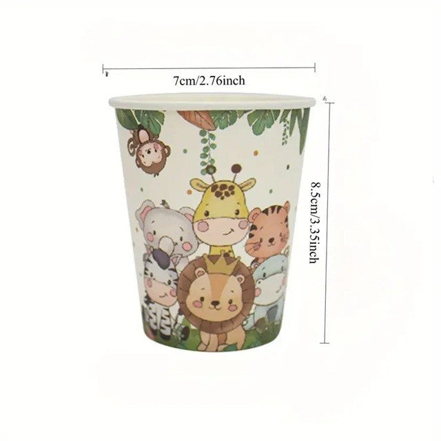 Set 10 Pahare de Unică Folosință, Imprimeu Animale din Junglă, Decor Petreceri Copii, Carton Eco-friendly, 7 x 8.5 cm, Verde/Alb