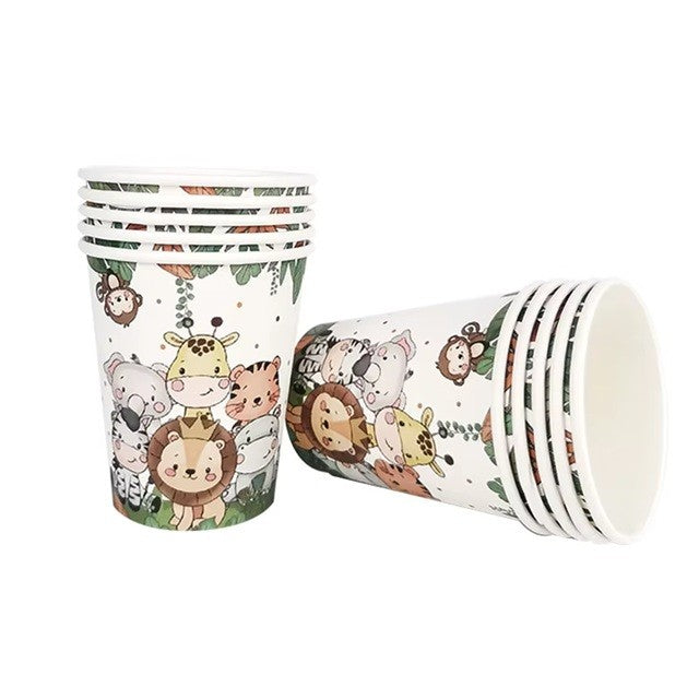 Set 10 Pahare de Unică Folosință, Imprimeu Animale din Junglă, Decor Petreceri Copii, Carton Eco-friendly, 7 x 8.5 cm, Verde/Alb