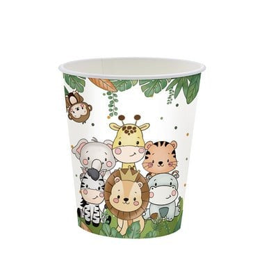 Set 10 Pahare de Unică Folosință, Imprimeu Animale din Junglă, Decor Petreceri Copii, Carton Eco-friendly, 7 x 8.5 cm, Verde/Alb