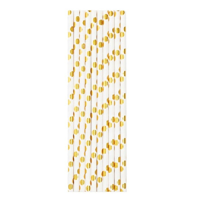 Set 10 Paie din Hartie Biodegradabila, Model cu Buline Aurii pentru Petreceri si Evenimente, 19.5 cm, Alb/Auriu