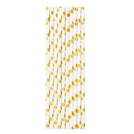 Set 10 Paie din Hartie Biodegradabila, Model cu Buline Aurii pentru Petreceri si Evenimente, 19.5 cm, Alb/Auriu