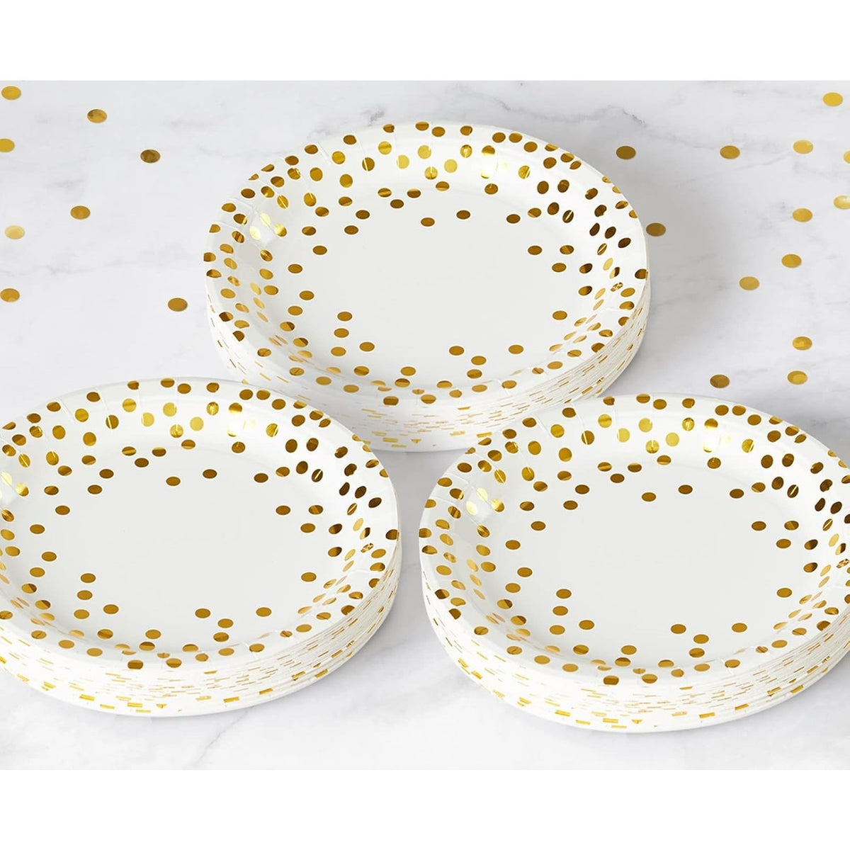 Set 10 Farfurii de Unica Folosinta pentru Petreceri, Imprimeu Elegant cu Buline, Carton Rezistent, Diametru 23 cm, Alb/Auriu