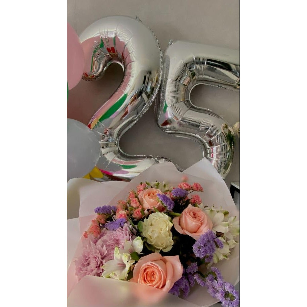 Balon Aniversar Cifra 5, Figurina din Folie de Aluminiu, Umflare cu Aer sau Heliu, Pai Inclus, Argintiu, 80 cm
