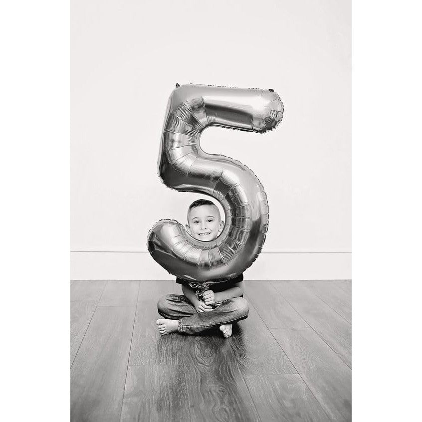 Balon Aniversar Cifra 5, Figurina din Folie de Aluminiu, Umflare cu Aer sau Heliu, Pai Inclus, Argintiu, 80 cm