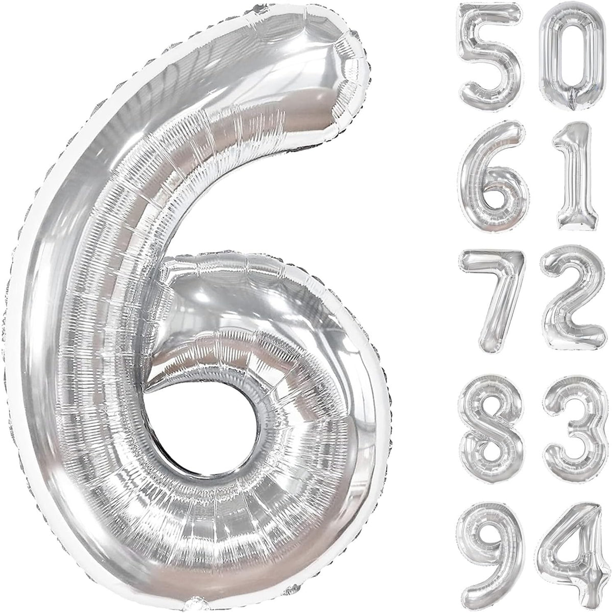 Balon Figurina Cifra 6, Balon Aniversar din Folie Metalizata de Aluminiu, Umflare cu Aer sau Heliu, Include Pai de Umflare, Argintiu, 80 cm