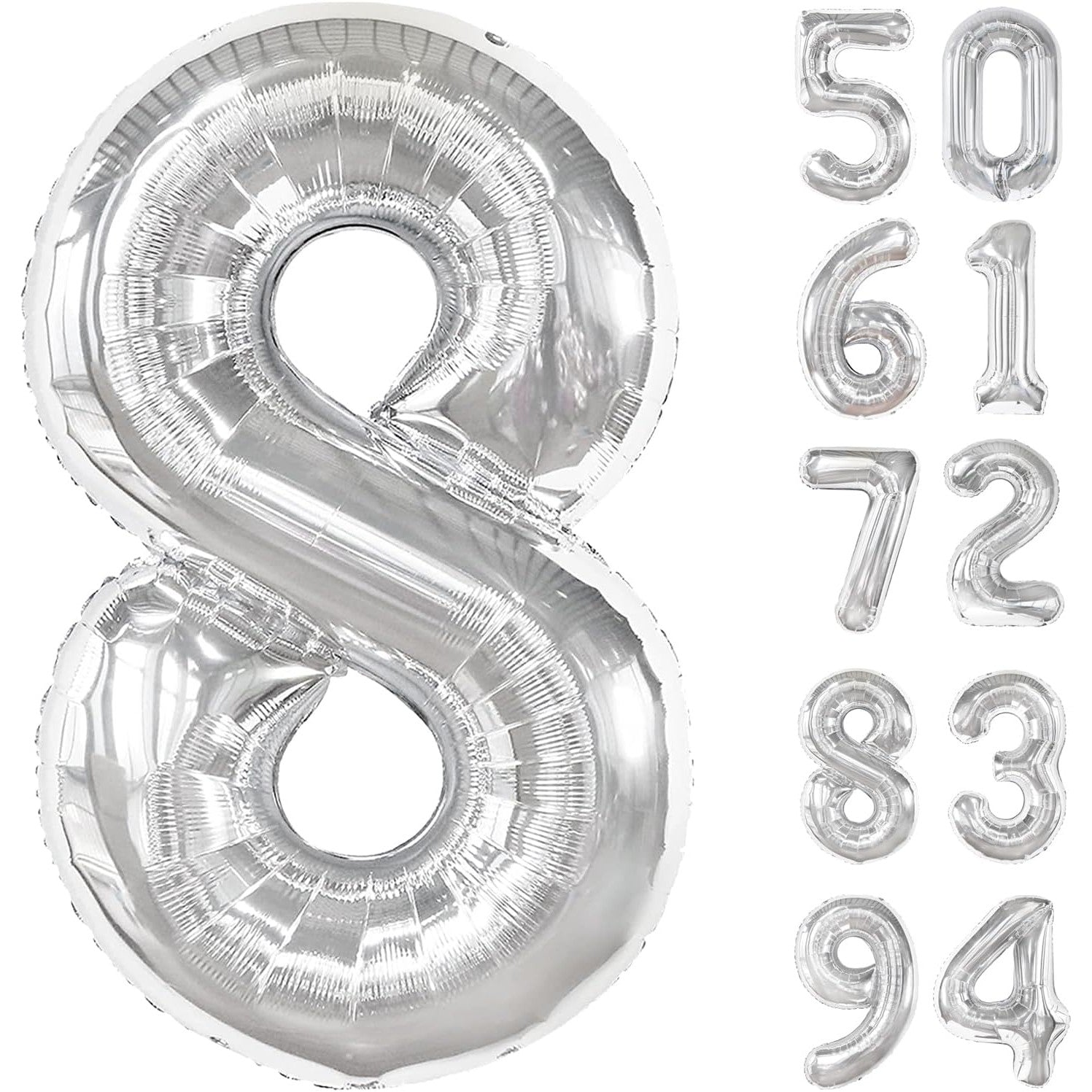 Balon Aniversar Cifra 8, Figurina din Folie Metalizata, Umflare Aer sau Heliu, Include Pai, Argintiu, 80 cm