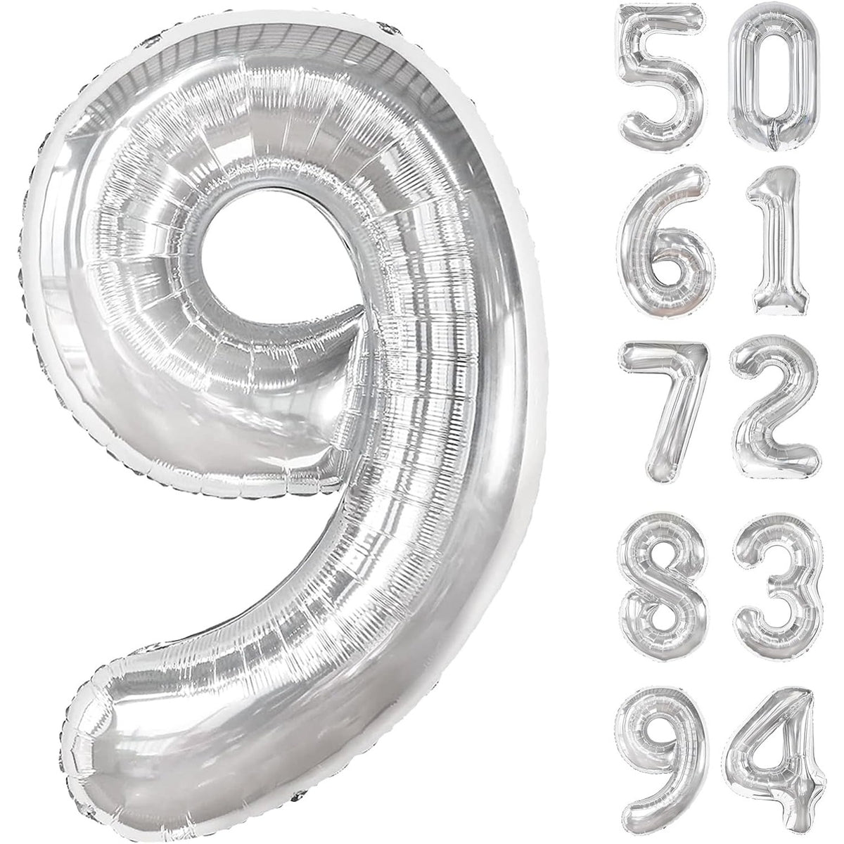 Balon Figurina Cifra 9, Balon Aniversar din Folie Metalizata, Umflare Aer sau Heliu, Include Pai Umflare, 80 cm, Argintiu