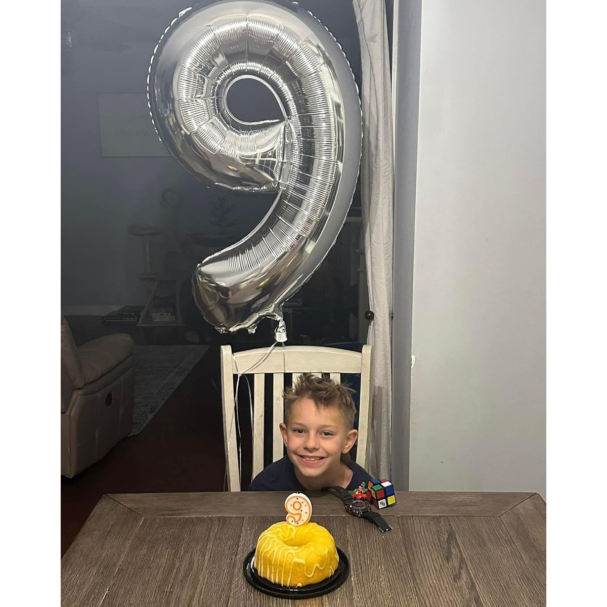 Balon Figurina Cifra 9, Balon Aniversar din Folie Metalizata, Umflare Aer sau Heliu, Include Pai Umflare, 80 cm, Argintiu