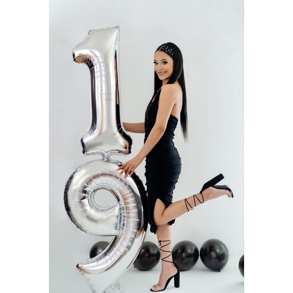 Balon Figurina Cifra 9, Balon Aniversar din Folie Metalizata, Umflare Aer sau Heliu, Include Pai Umflare, 80 cm, Argintiu
