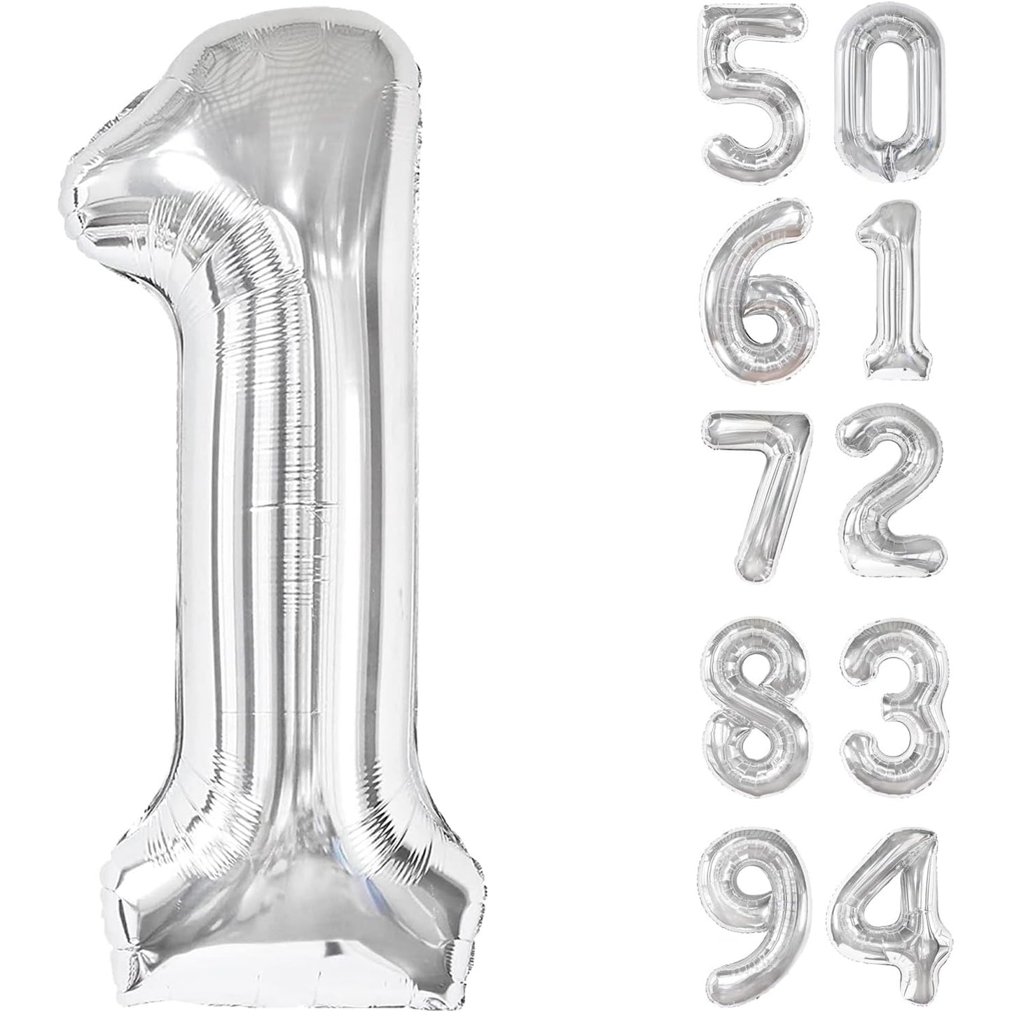 Balon Aniversar Cifra 1, Figurina Din Folie Metalizata, Umflare Aer Sau Heliu, Include Pai, Inaltime 80 cm, Argintiu