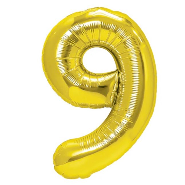 Balon Aniversar Cifra 9, Figurina din Folie Metalizata, Umflare cu Aer sau Heliu, Include Pai de Umflare, 80 cm, Auriu