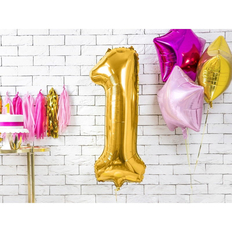 Balon din Folie Metalizata Cifra 1, Figurina Aniversara pentru Petrecere, Umflare Aer sau Heliu, include Pai, 80 cm, Auriu