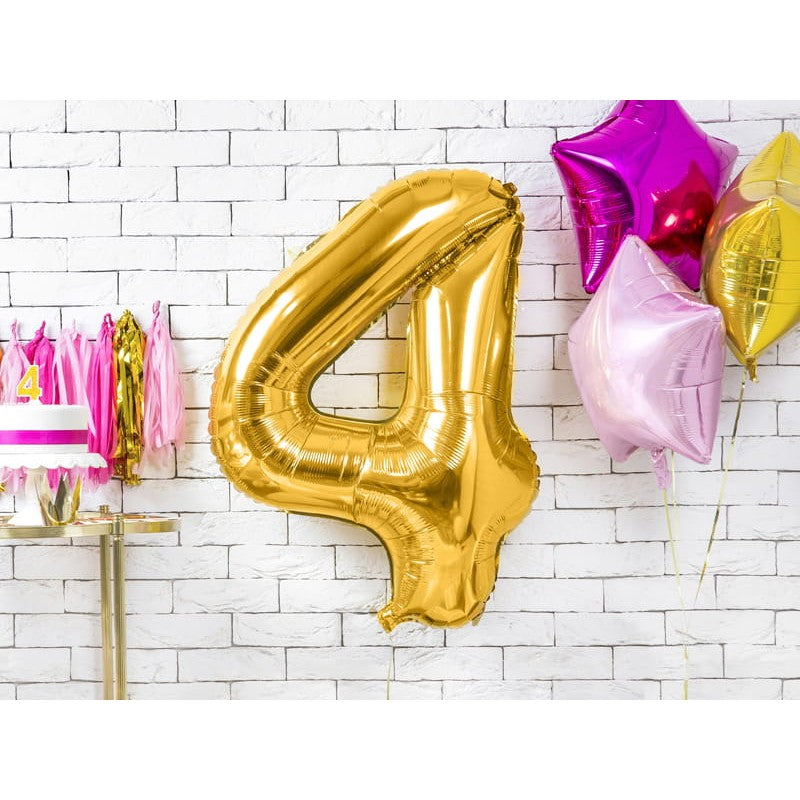 Balon Aniversar Cifra 4, Figurina din Folie Metalizata, Umflare cu Aer sau Heliu, Inclus Pai pentru Umflare, 80 cm, Auriu