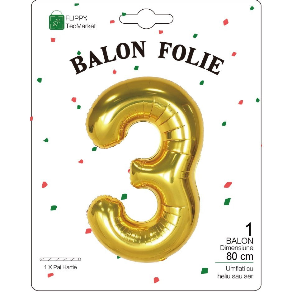 Balon Aniversar Cifra 3, Figurina din Folie Metalizata, Umflare cu Aer sau Heliu, include Pai, 80 cm, Auriu