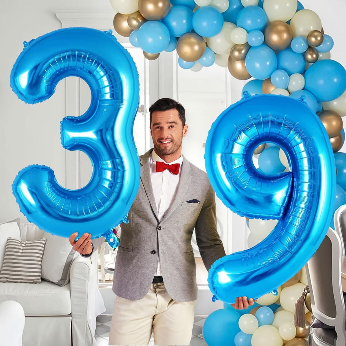 Balon Aniversar Cifra 9, Figurina Gigant 80 cm, Umflare Aer sau Heliu, Folie Aluminiu, Albastru, Pai Inclus