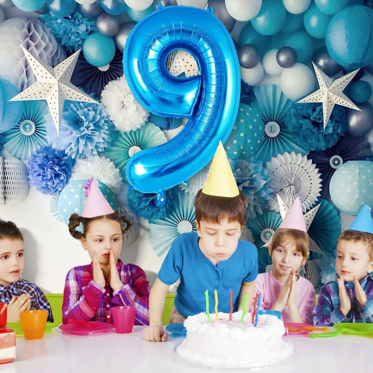 Balon Aniversar Cifra 9, Figurina Gigant 80 cm, Umflare Aer sau Heliu, Folie Aluminiu, Albastru, Pai Inclus
