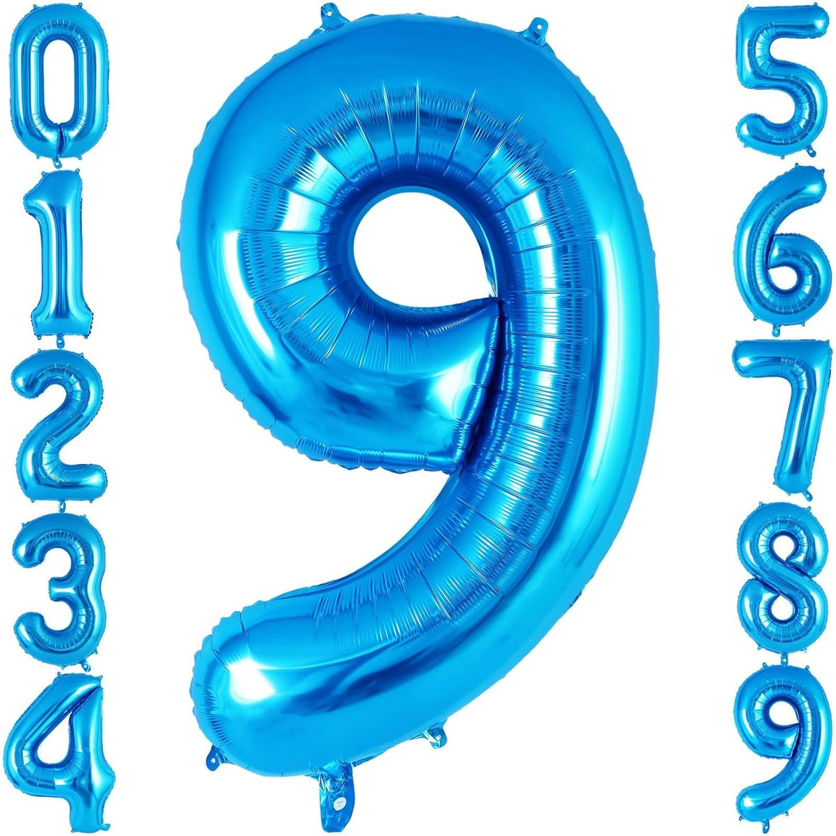 Balon Aniversar Cifra 9, Figurina Gigant 80 cm, Umflare Aer sau Heliu, Folie Aluminiu, Albastru, Pai Inclus