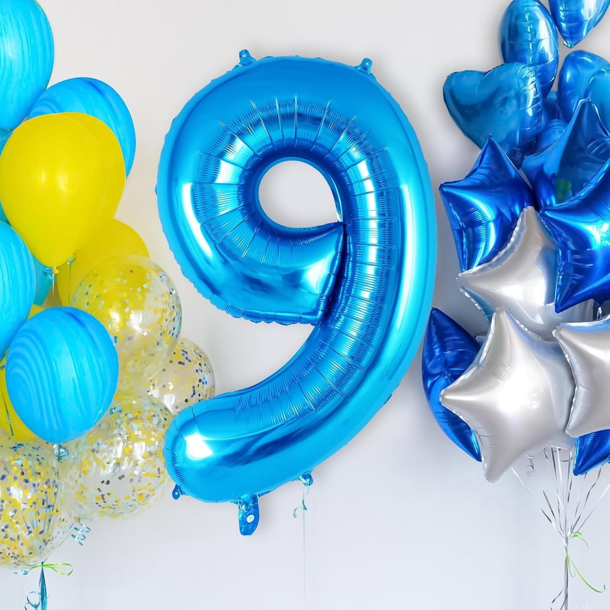Balon Aniversar Cifra 9, Figurina Gigant 80 cm, Umflare Aer sau Heliu, Folie Aluminiu, Albastru, Pai Inclus