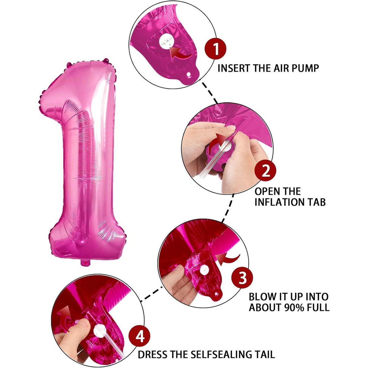 Balon Aniversar Cifra 1, Figurina Din Folie Metalizata, Umflare Cu Aer Sau Heliu, Include Pai Pentru Umflare, Inaltime 80 cm, Roz
