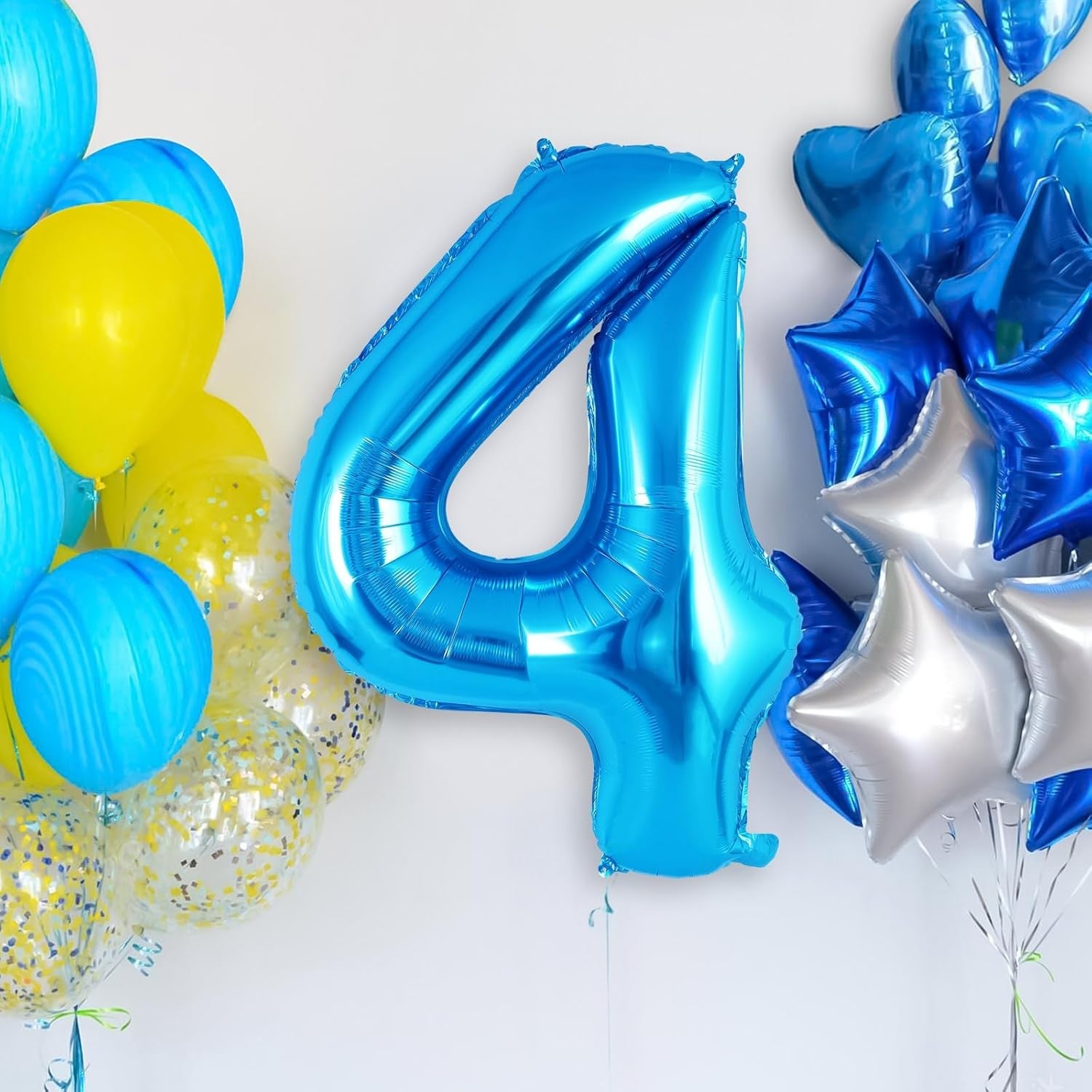 Balon Aniversar Figurina Cifra 4, Folie Metalizata, Umflare Aer sau Heliu, Include Pai, 80 cm, Albastru