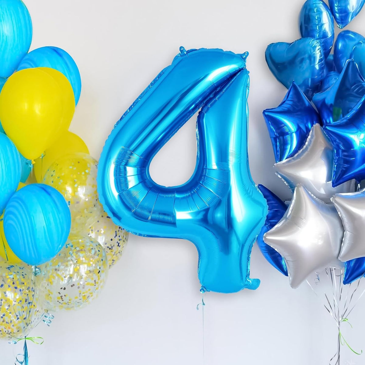 Balon Aniversar Figurina Cifra 4, Folie Metalizata, Umflare Aer sau Heliu, Include Pai, 80 cm, Albastru