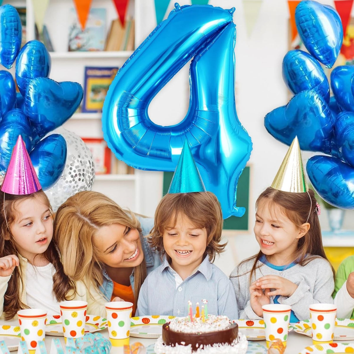 Balon Aniversar Figurina Cifra 4, Folie Metalizata, Umflare Aer sau Heliu, Include Pai, 80 cm, Albastru
