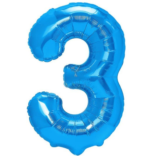 Balon Aniversar Cifra 3, Figurina din Folie Metalizata, Umflare cu Aer sau Heliu, Include Pai, Albastru, 80 cm