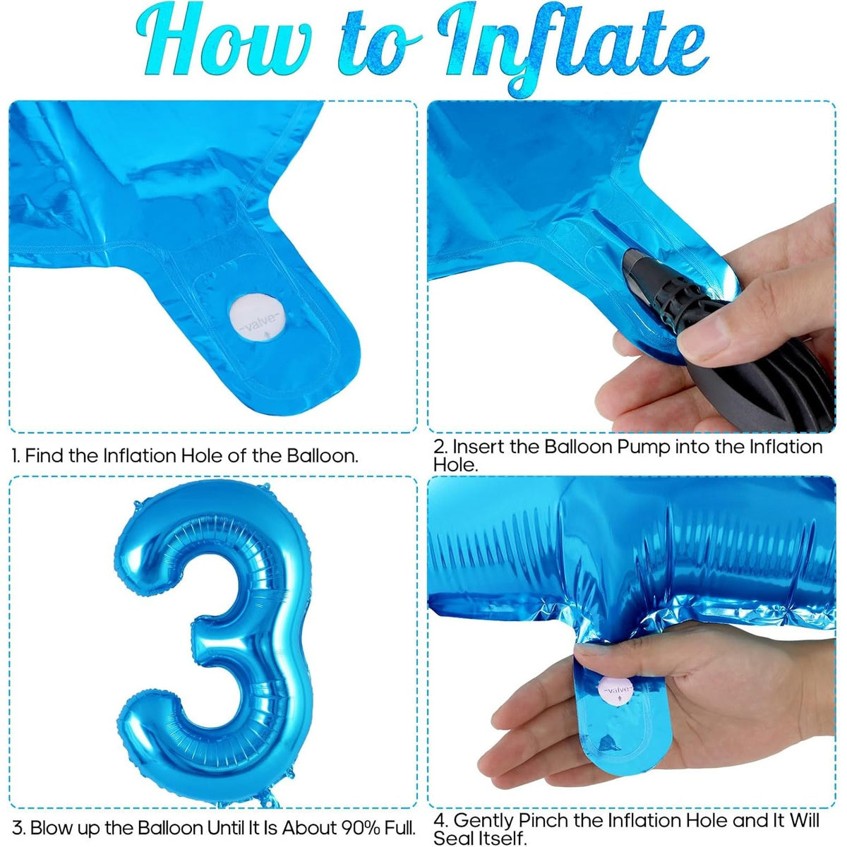 Balon Aniversar Cifra 3, Figurina din Folie Metalizata, Umflare cu Aer sau Heliu, Include Pai, Albastru, 80 cm