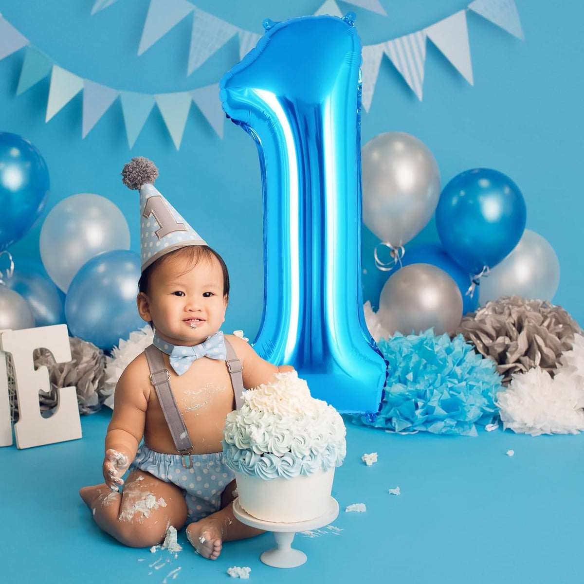 Balon Aniversar Cifra 1, Figurina din Folie Metalizata pentru Petrecere, Umflare cu Aer sau Heliu, Include Pai, 80 cm, Albastru