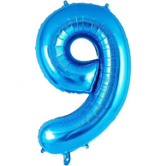 Balon Aniversar Cifra 9, Figurina Decorativa pentru Petrecere, Folie Metalizata, Umflare cu Aer sau Heliu, include Pai, Albastru, 40 cm