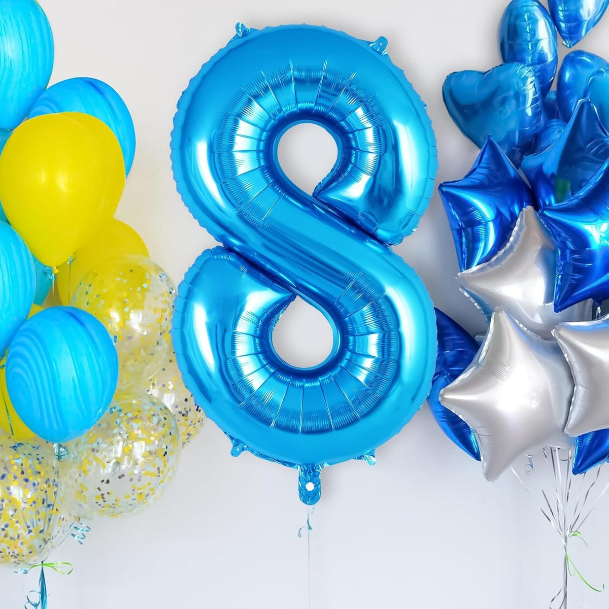 Balon Aniversar Cifra 8, Figurina din Folie Metalizata, Umflare Aer sau Heliu, include Pai, 80 cm, Albastru