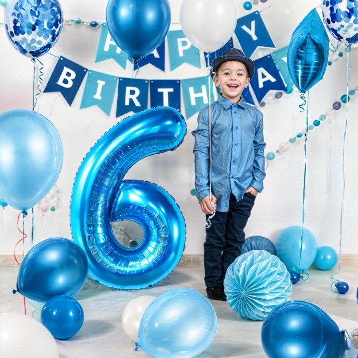 Balon Aniversar Cifra 6, Figurina din Folie Metalizata, Umflare Aer sau Heliu, Include Pai Umflare, 80 cm, Albastru
